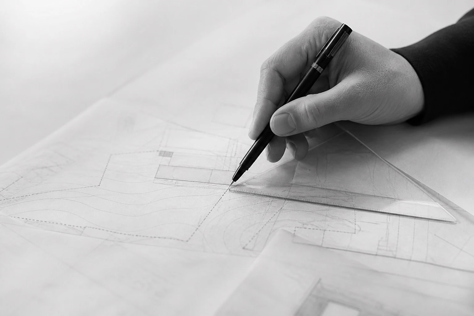 Architektenhand führt mit Zeichenstift und Dreiecksmaßstab eine präzise Linie über einen Lageplan
