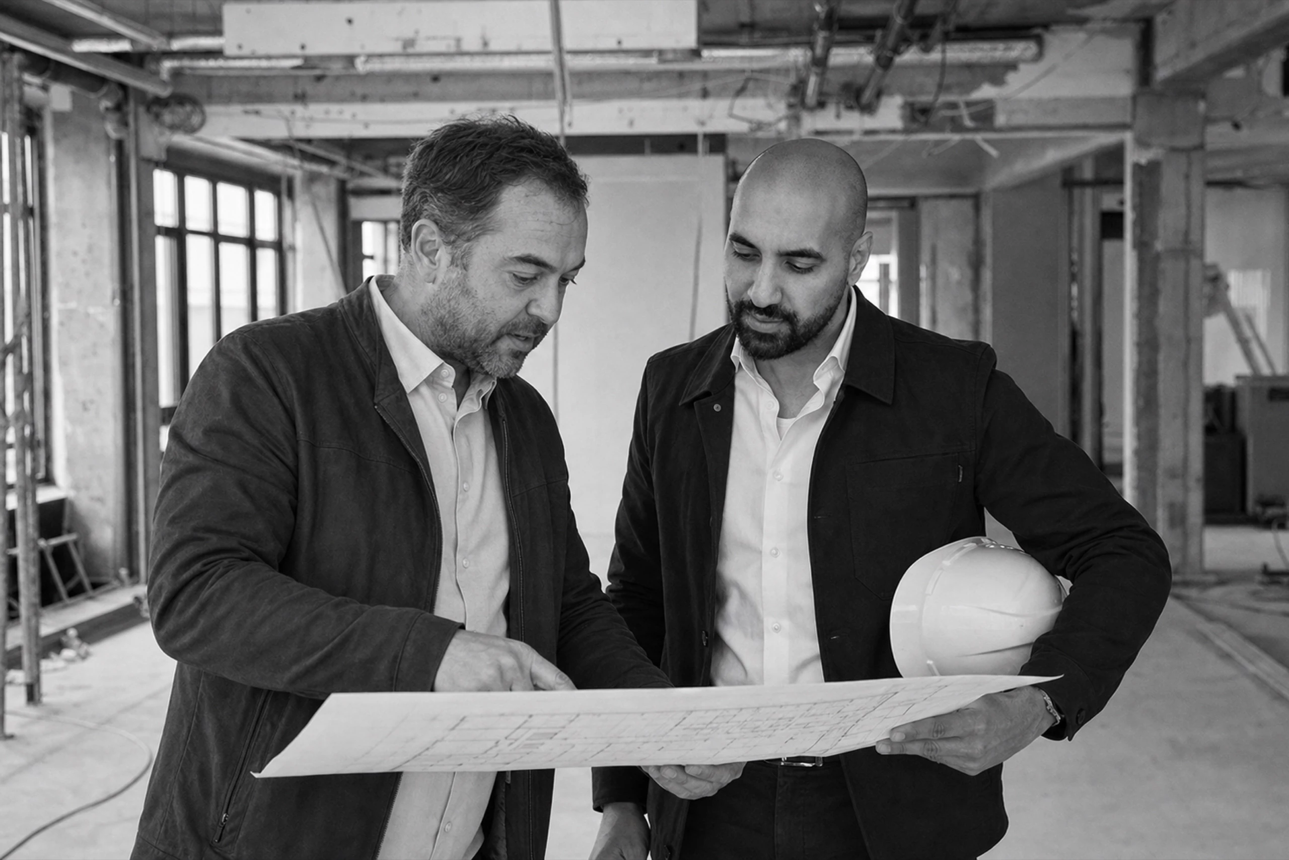 Zwei Personen besprechen Planunterlagen auf einer Baustelle