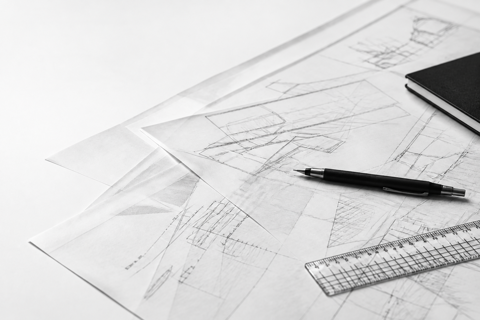 Zeichenstift auf überlagerten Architekturskizzen mit transparentem Maßstab – KI-bearbeitetes Ausgangsmotiv