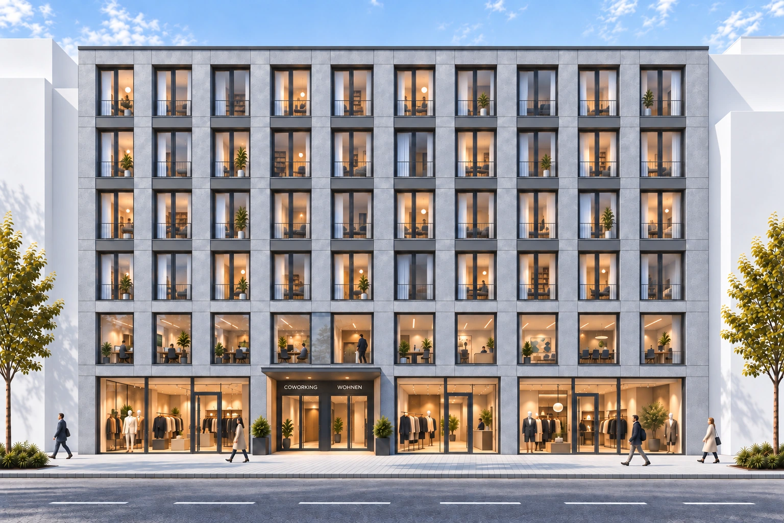 KI-Planungsvisualisierung München: graue Fassade mit zehn Fensterachsen, getrennten Eingängen für Coworking und Wohnen sowie drei Modegeschäften; räumlich gestaffelte weiße Nachbargebäude mit vergleichbarer Dachhöhe