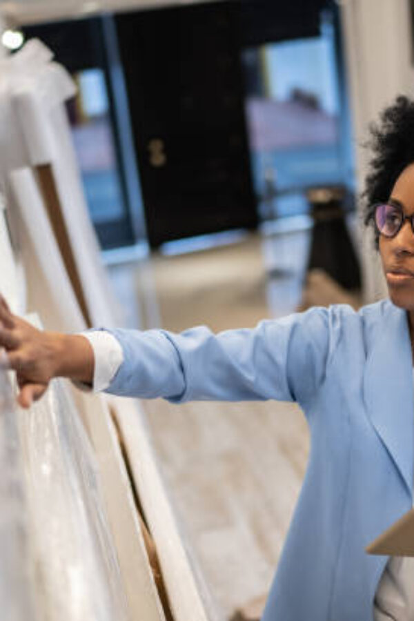 Young woman using the digital tablet at architects' studios